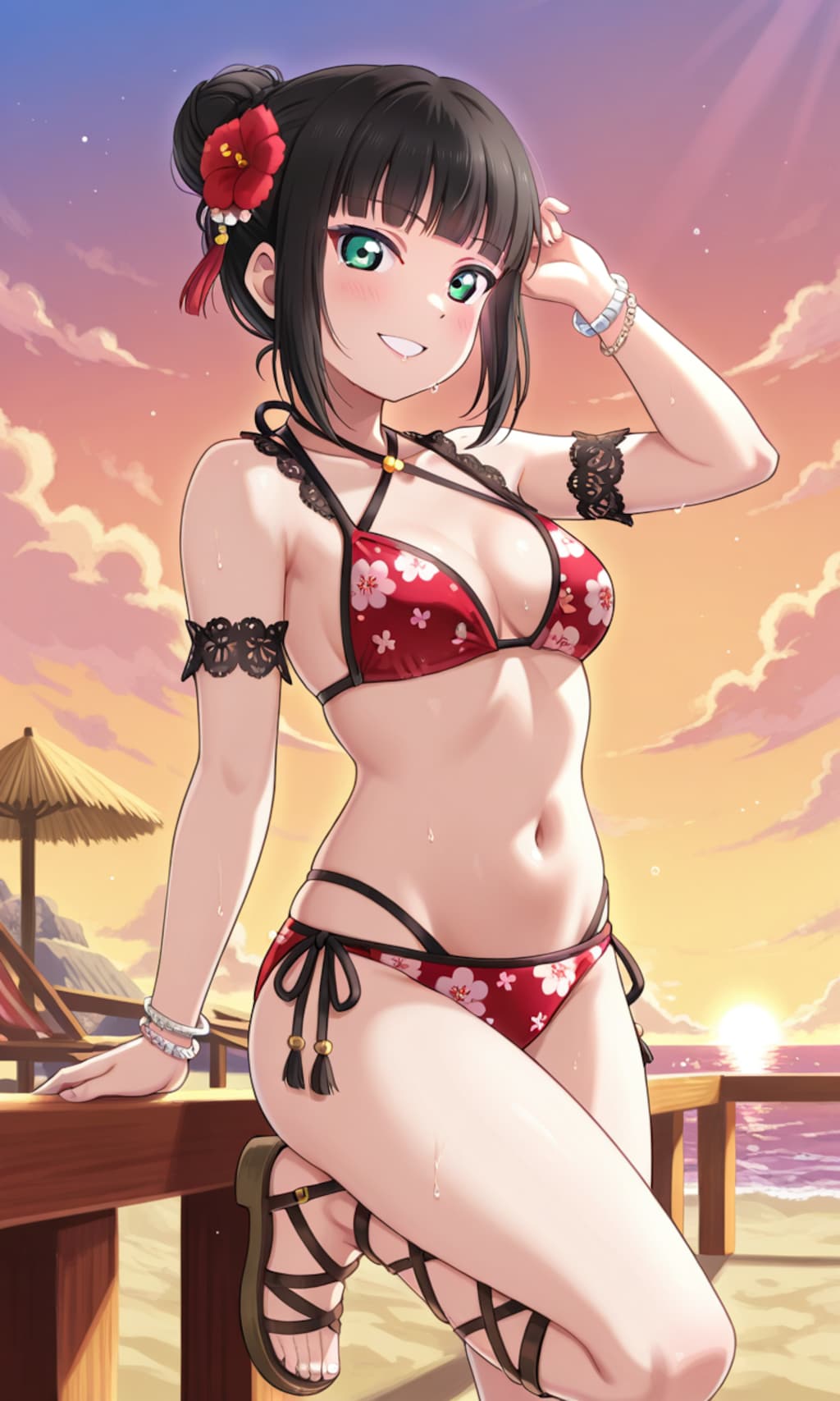PixAILoRAモデルで見つけたので和風花柄ビキニのダイヤちゃん🔹👙🏖️❤️