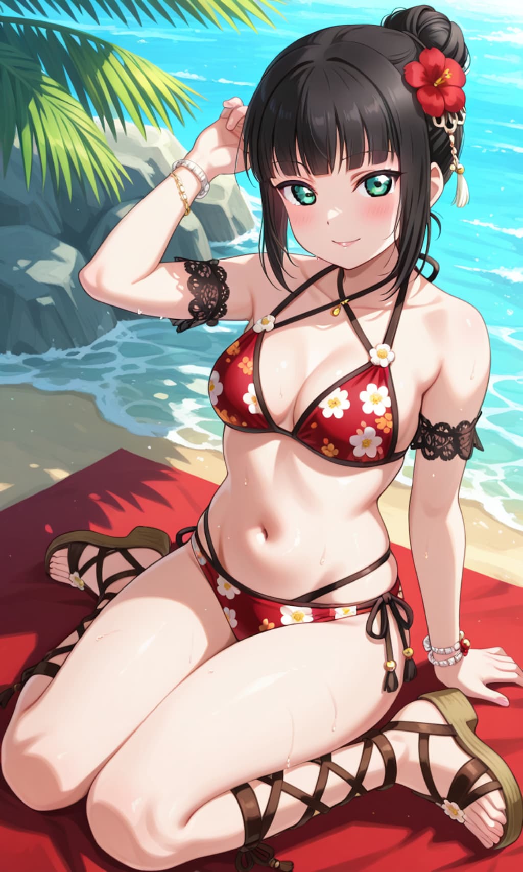 PixAILoRAモデルで見つけたので和風花柄ビキニのダイヤちゃん🔹👙🏖️❤️