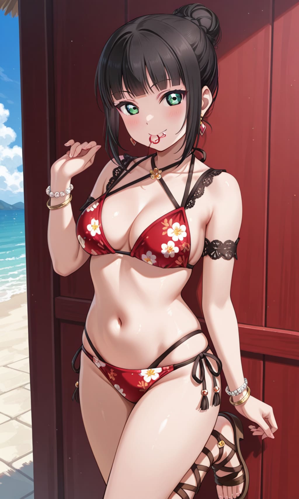 PixAILoRAモデルで見つけたので和風花柄ビキニのダイヤちゃん🔹👙🏖️❤️