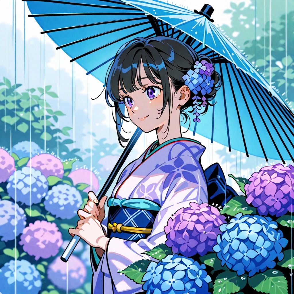 雨の紫陽花の咲く散歩道
