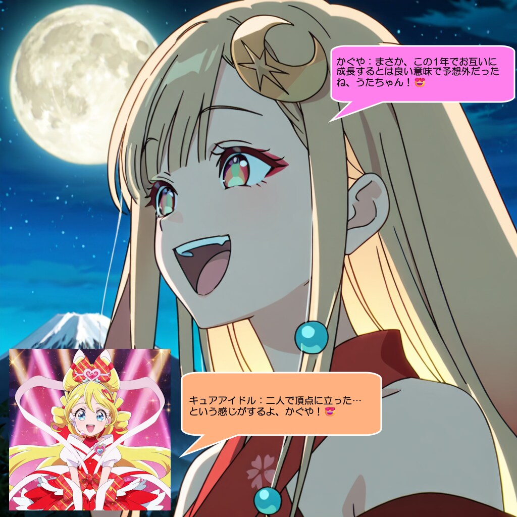 かぐやとキュアアイドル、仲良く掛け声をする