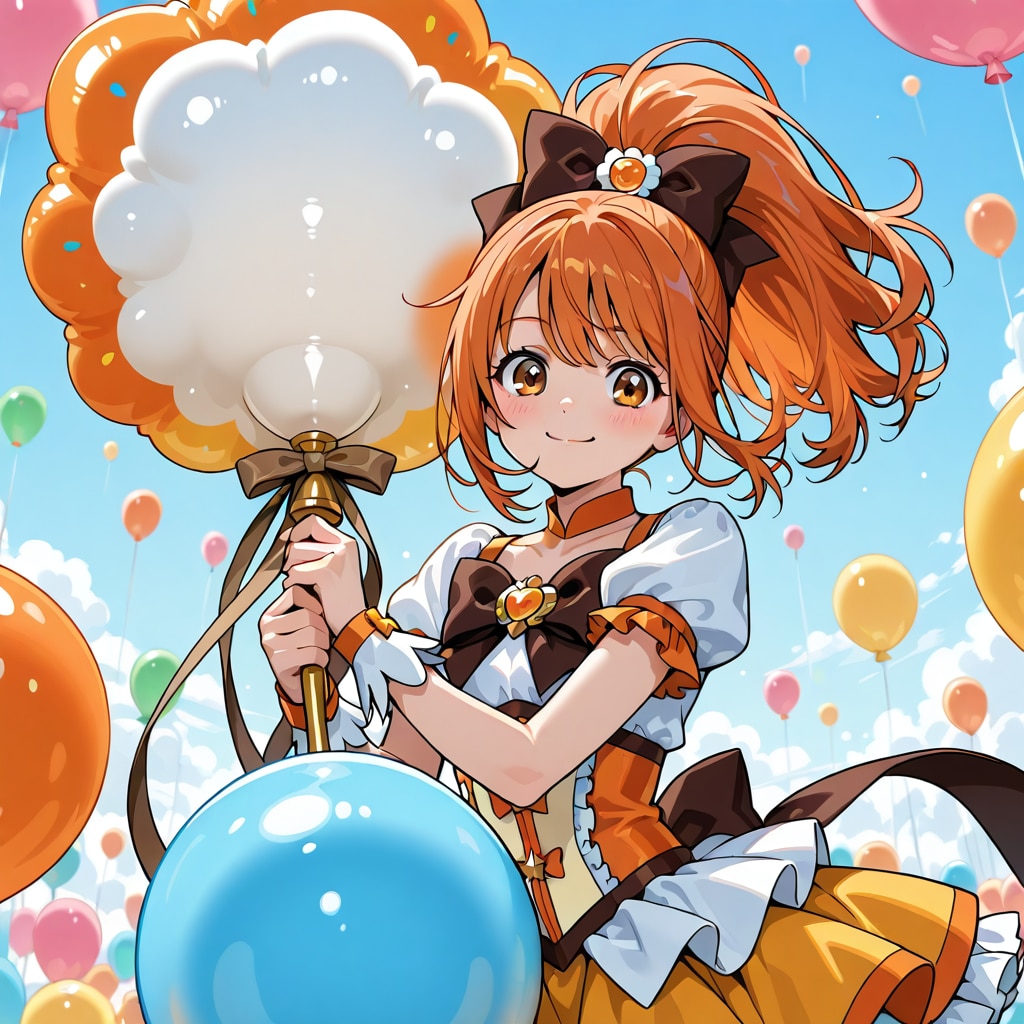 いっぱい色とりどりの風船を持つオレンジ髪ポニーテールの魔法少女 | の人気AIイラスト・グラビア
