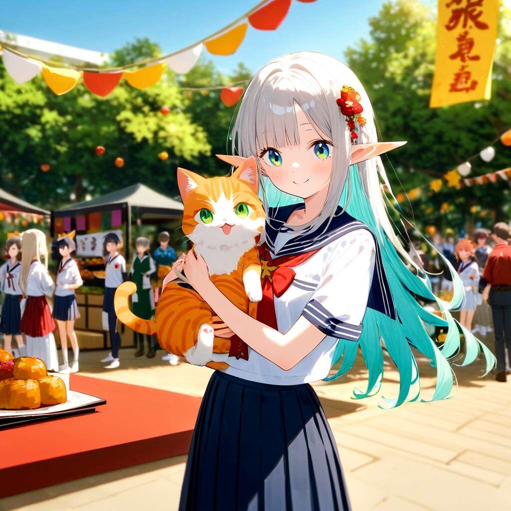 文化祭の魔法：エルフと猫の午後