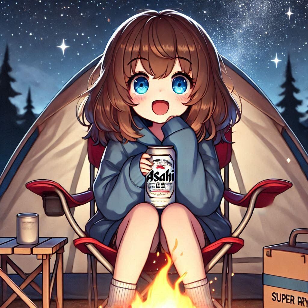 キャンプ中たき火を眺める小さな女の子