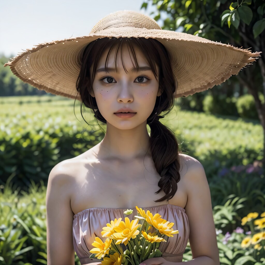 黒髪ロングで花畑の美女