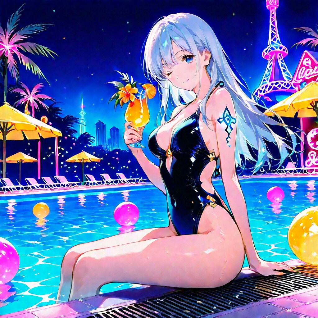 ナイトプールの水着美女