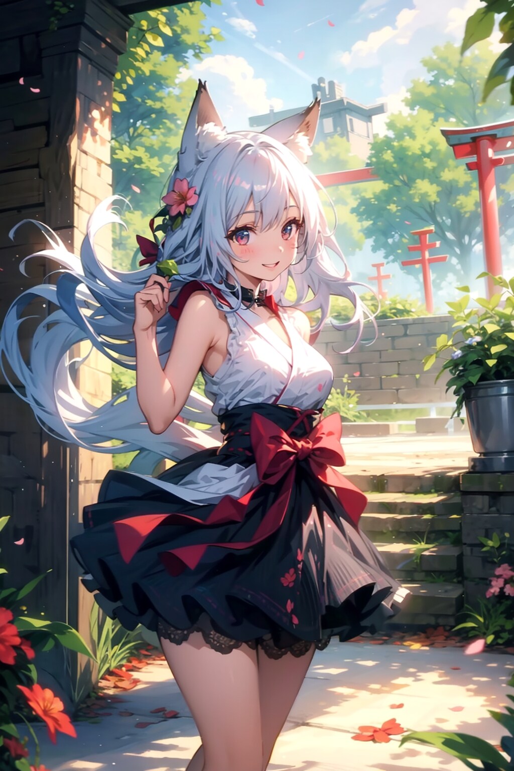 庭園に出来た神社を訪れた狐耳娘 | の人気AIイラスト・グラビア