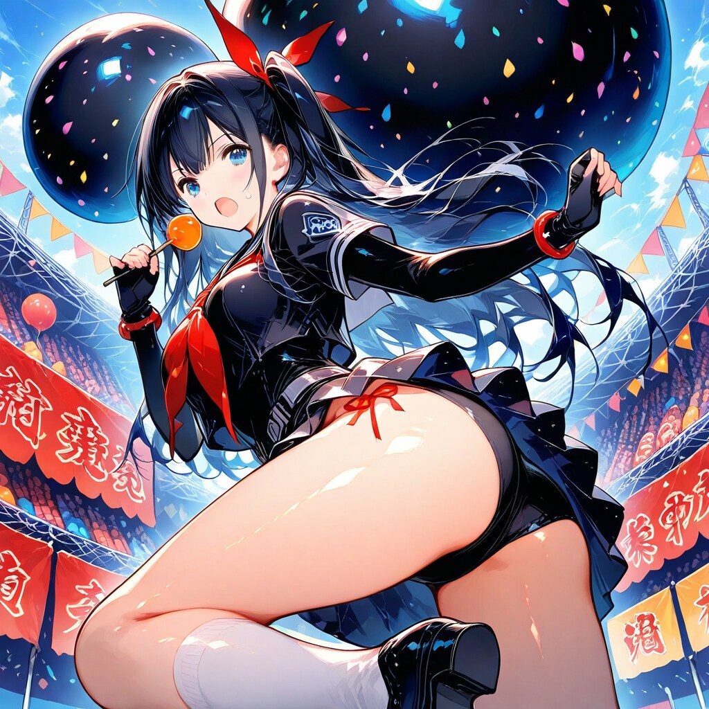 文化祭で巨大風船を膨らませて遊ぶセーラー服の美少女。