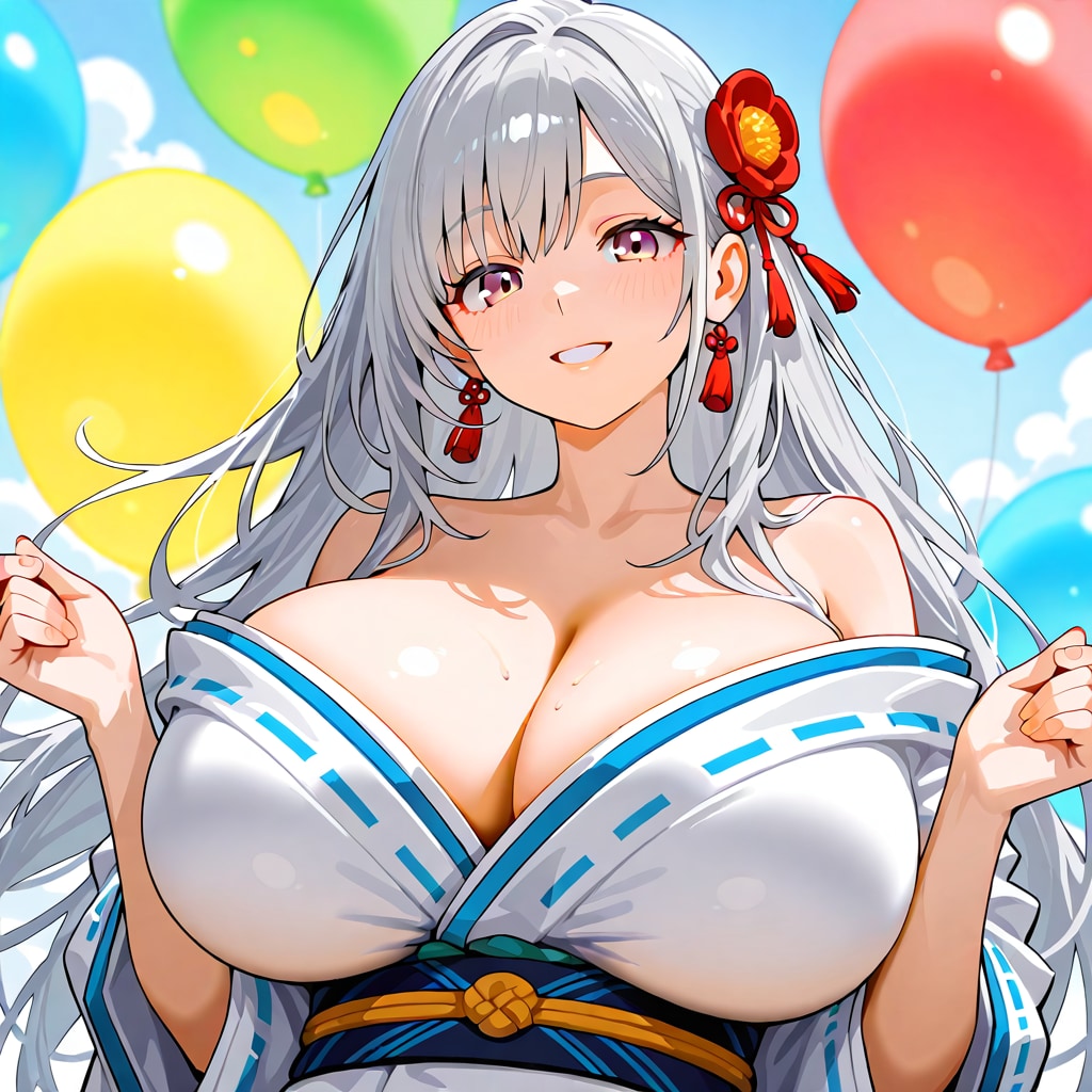 いっぱい色とりどりの風船を持つ銀髪ロングの民族衣装着た美女