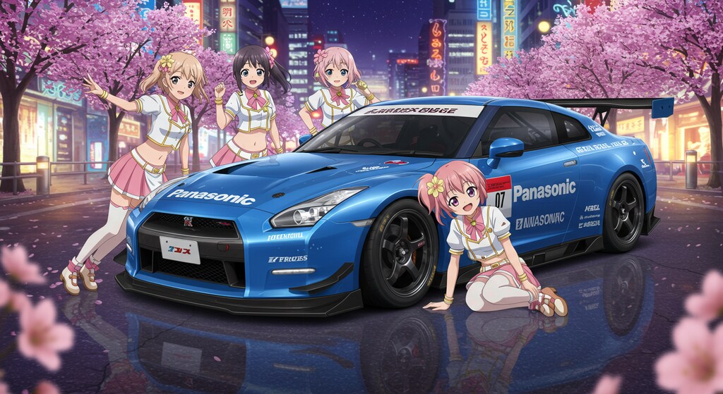 アニメキャラとPanasonicGT-Rレーシングカー