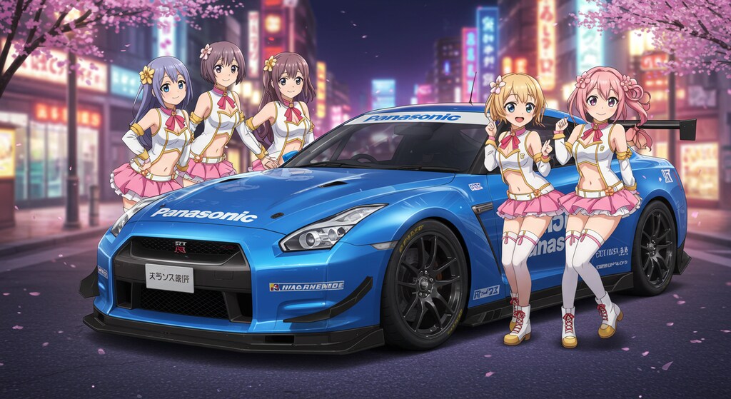 アニメキャラとPanasonicGT-Rレーシングカー