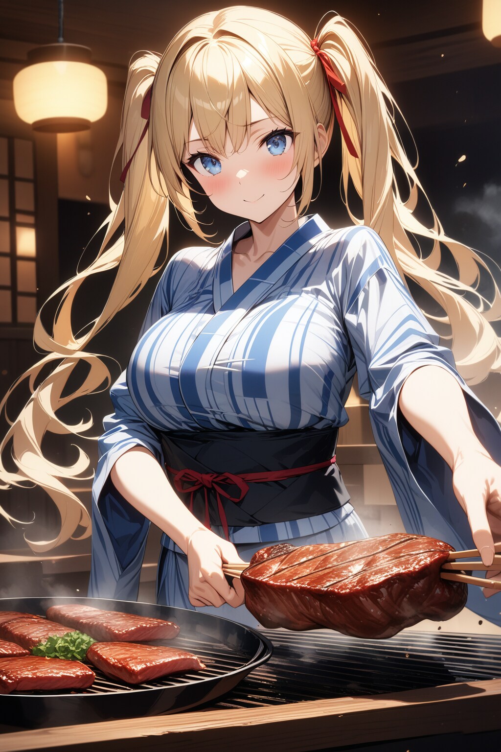 焼き肉屋台で働くふたり