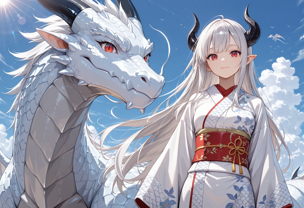 白竜と着物姿の銀髪竜姫さん
