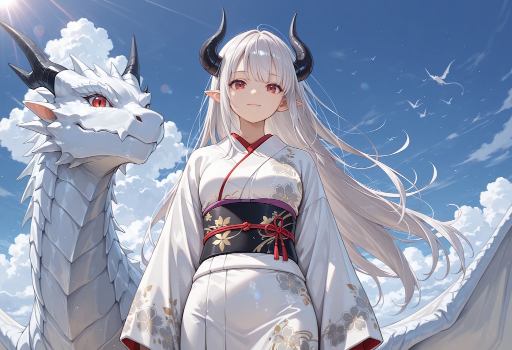 白竜と着物姿の銀髪竜姫さん