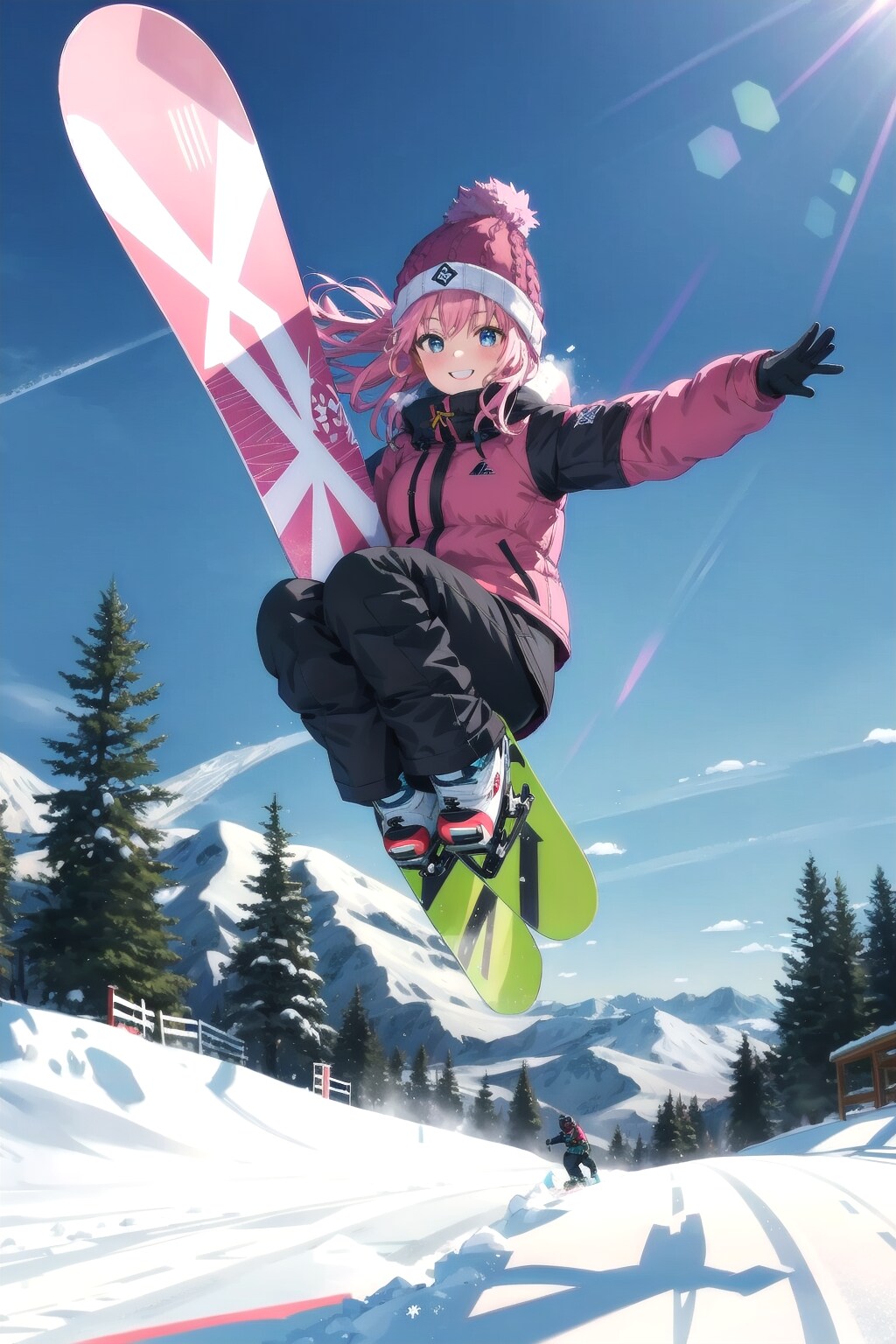 スノボを持ってジャンプ