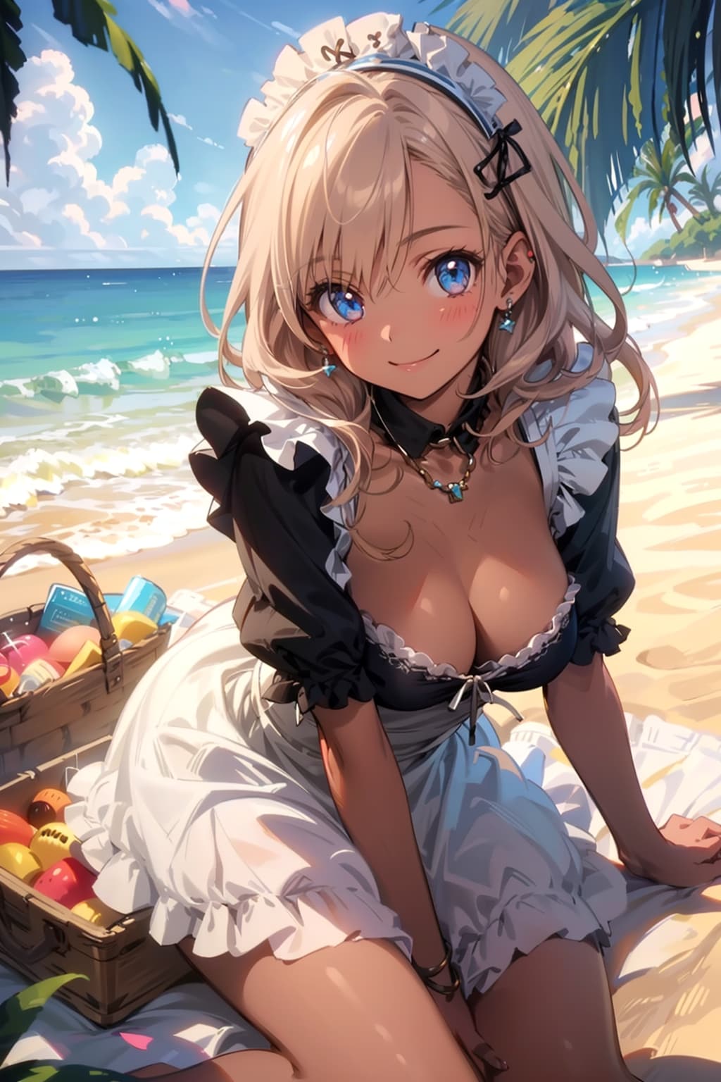 浜辺にメイドさん