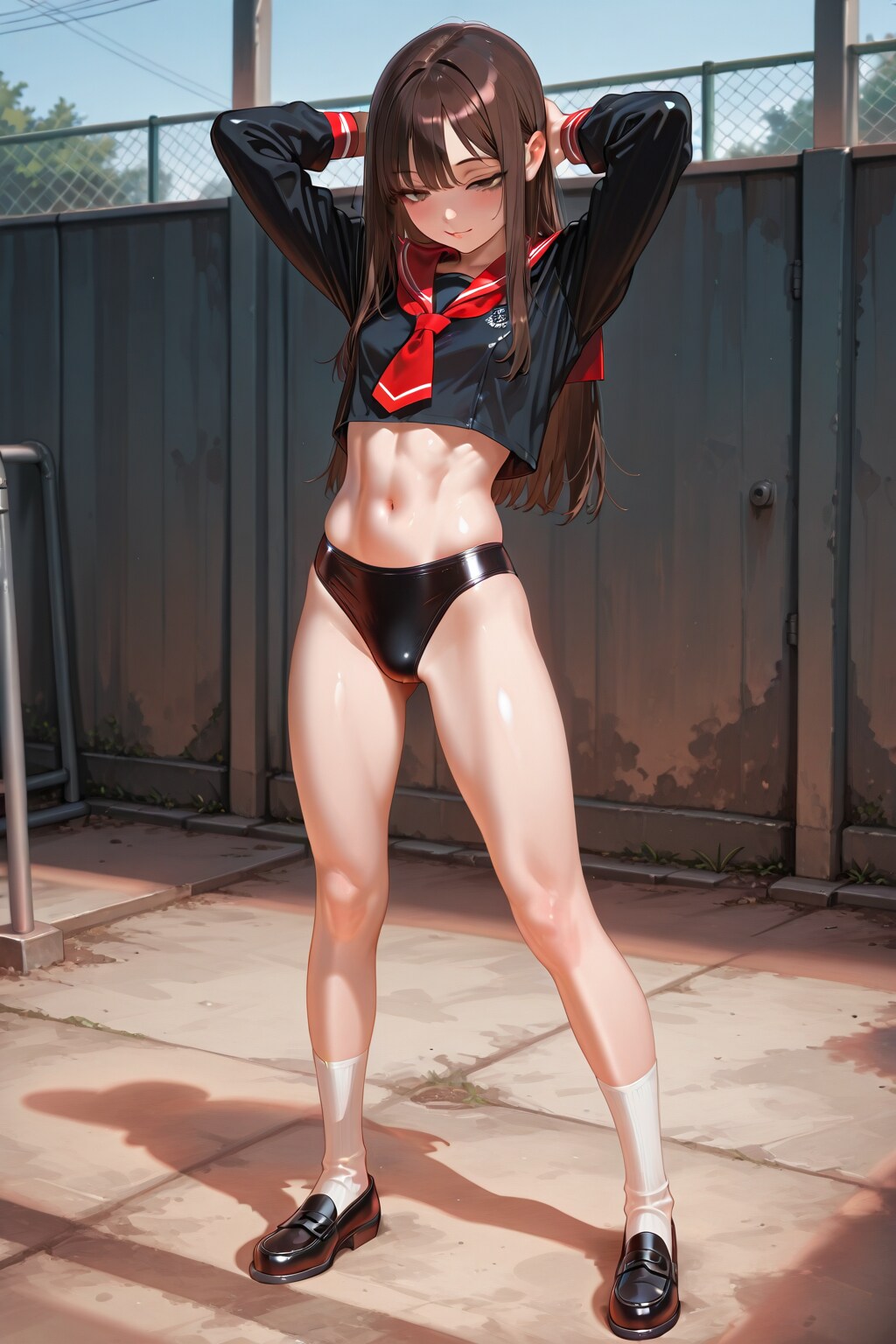へそ出し海水パンツのセーラー服女学生