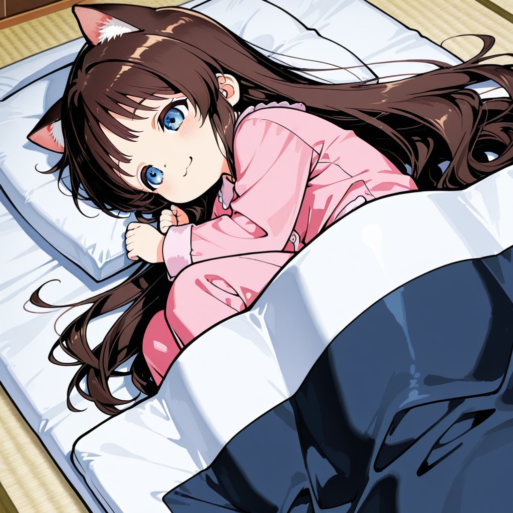 お布団の上でゴロゴロしている小さな女の子