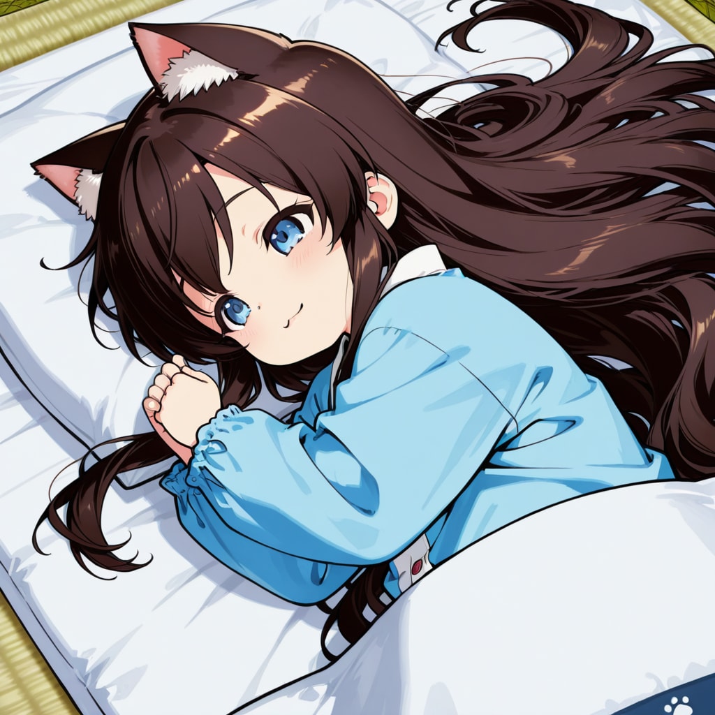 お布団の上でゴロゴロしている小さな女の子