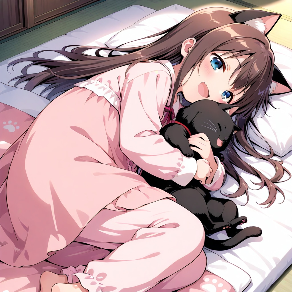 お布団の上でゴロゴロしている小さな女の子