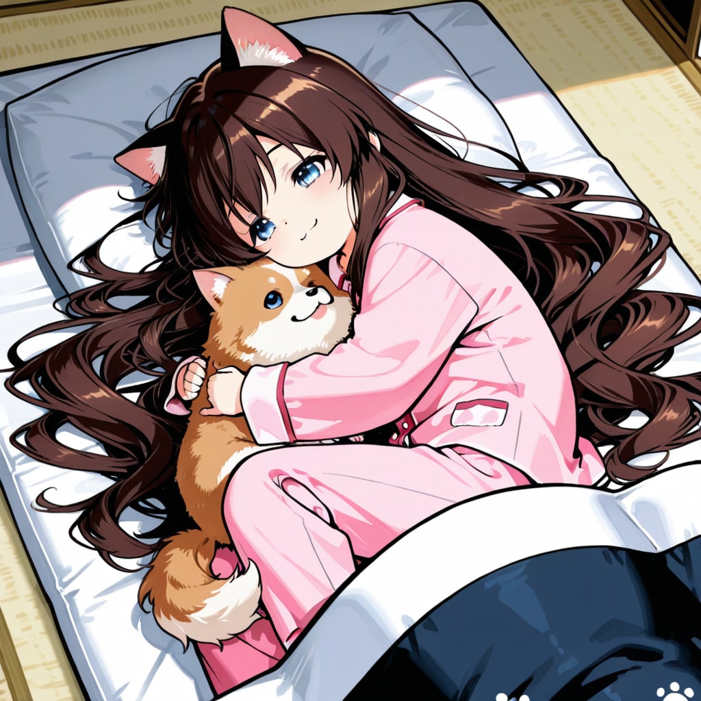 お布団の上でゴロゴロしている小さな女の子