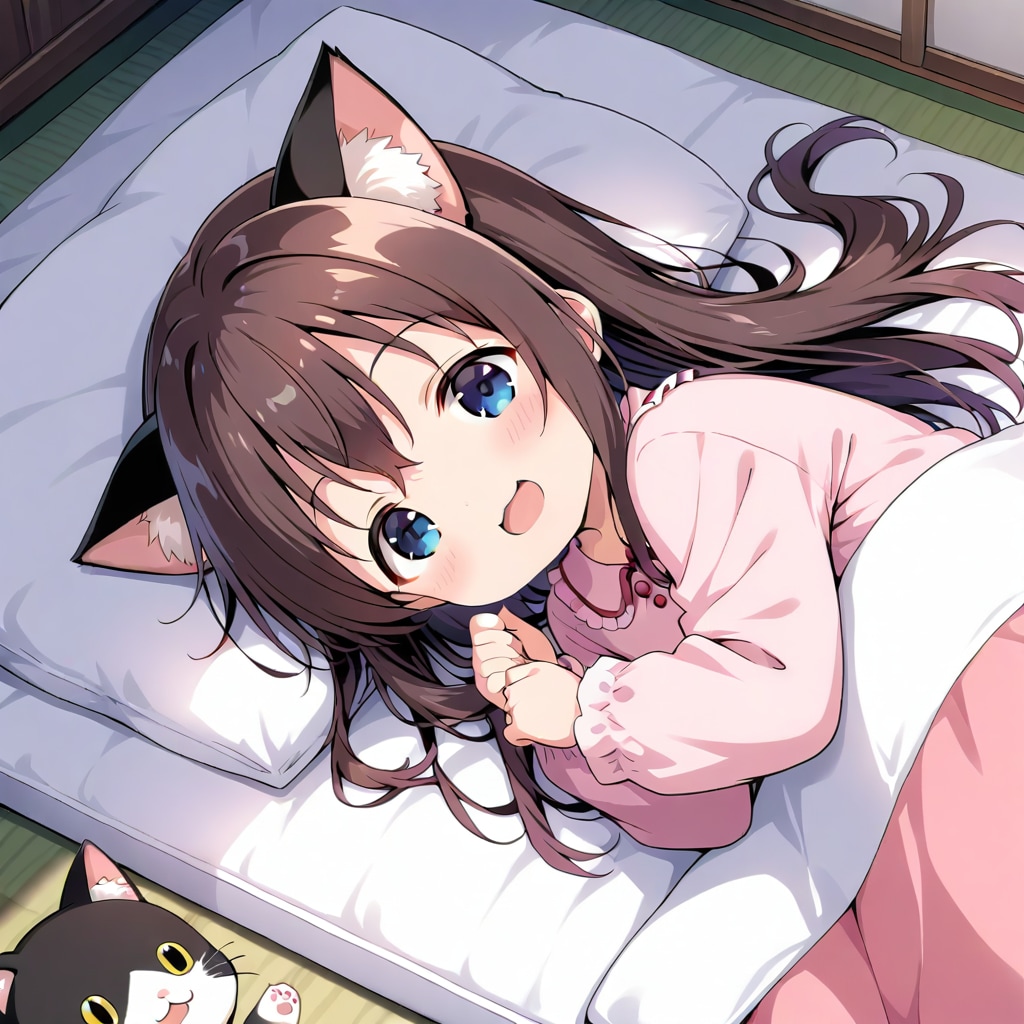 お布団の上でゴロゴロしている小さな女の子