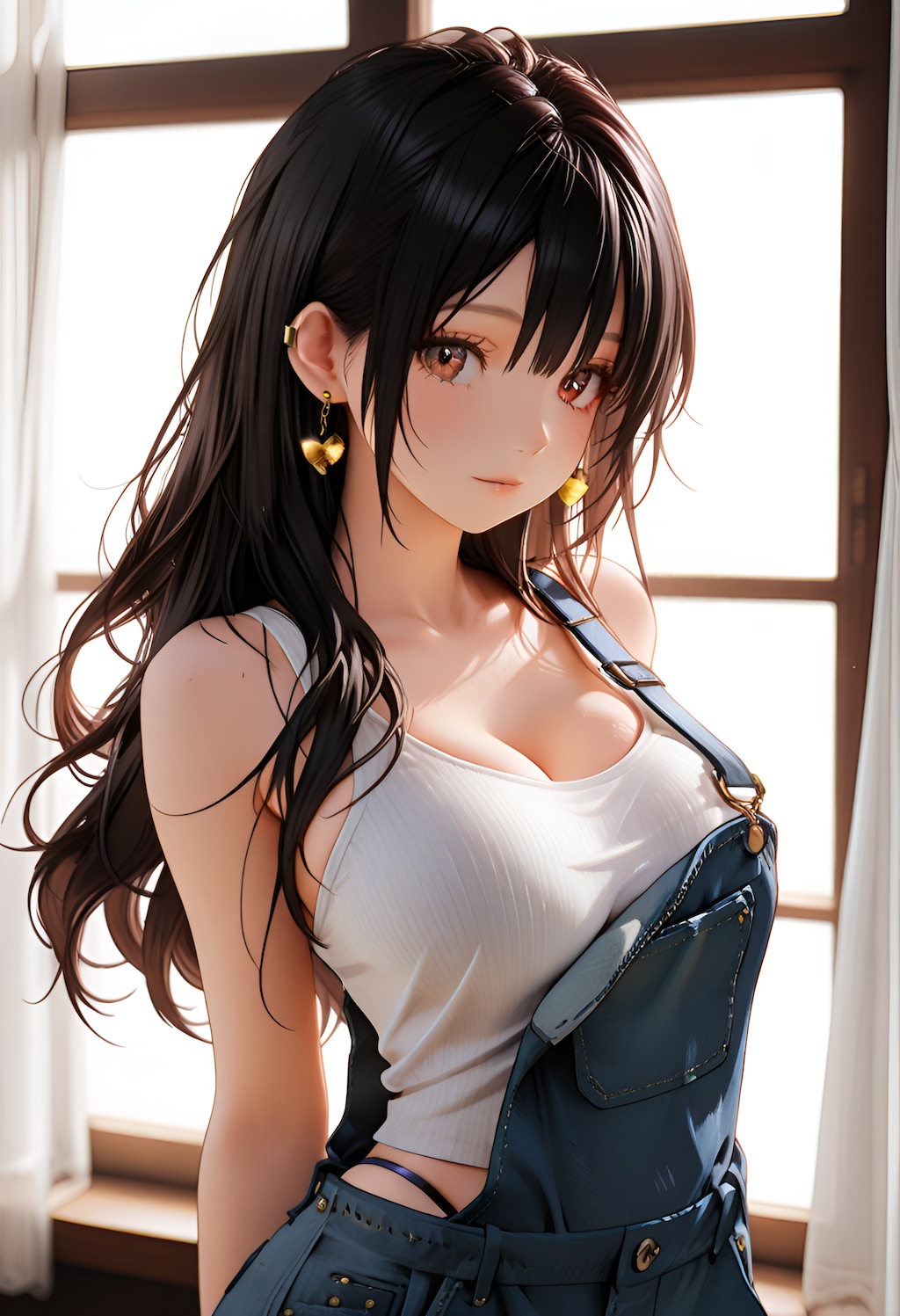 オーバーオールの黒髪美少女