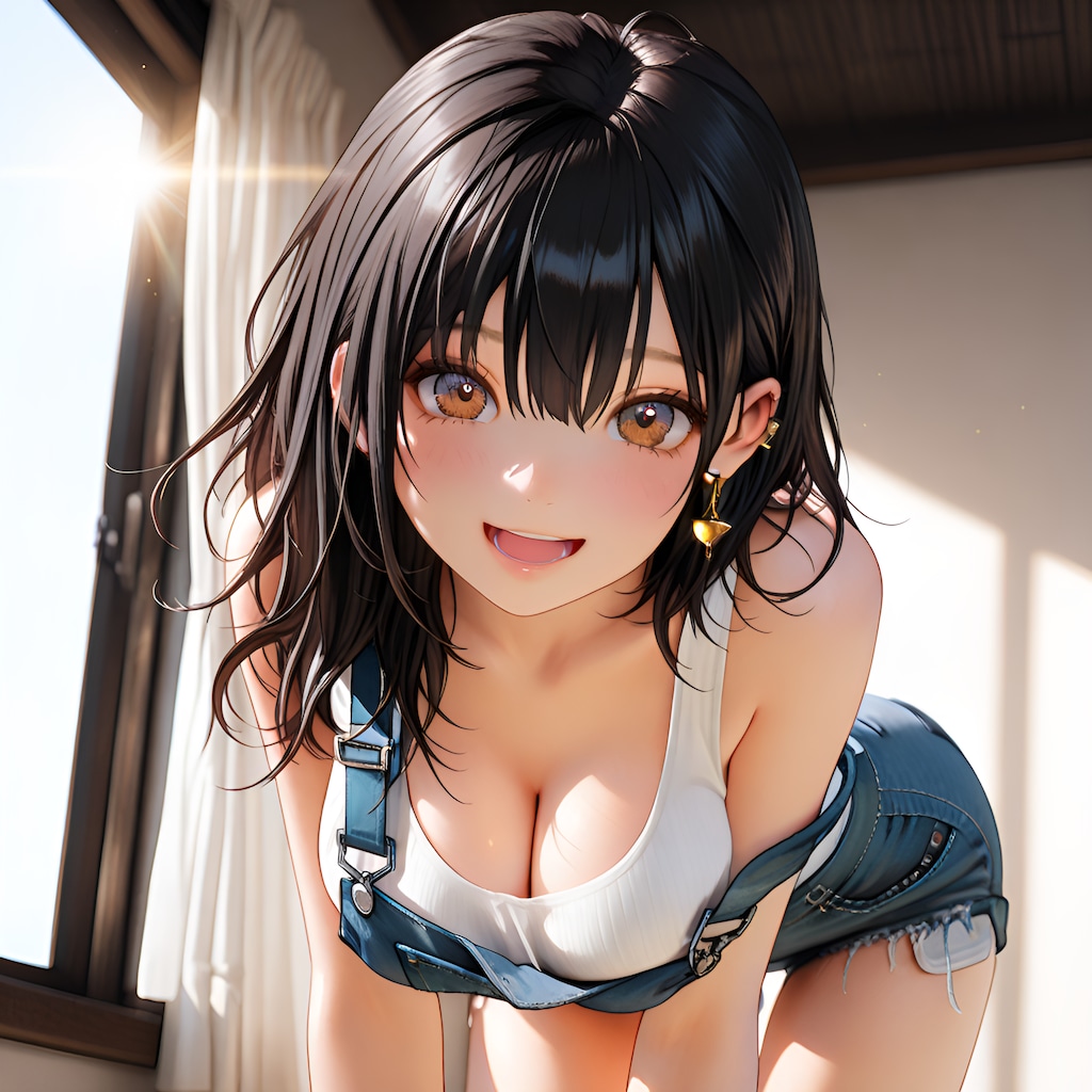 オーバーオールの黒髪美少女
