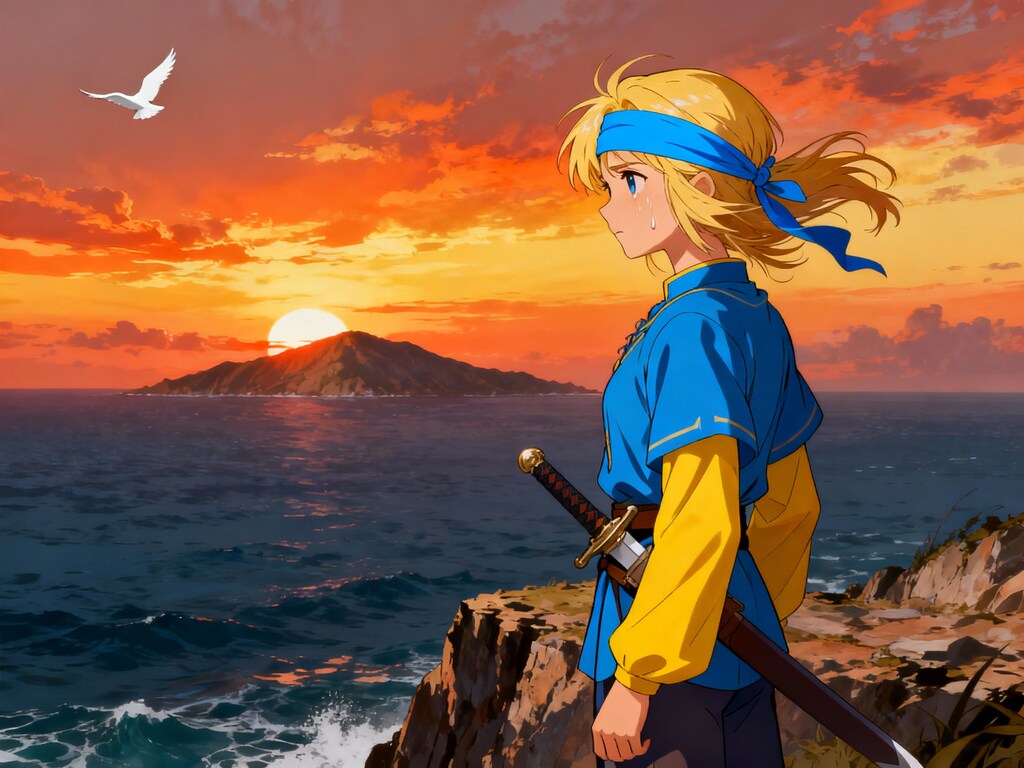 夕日を眺めて涙ぐむ美女剣士