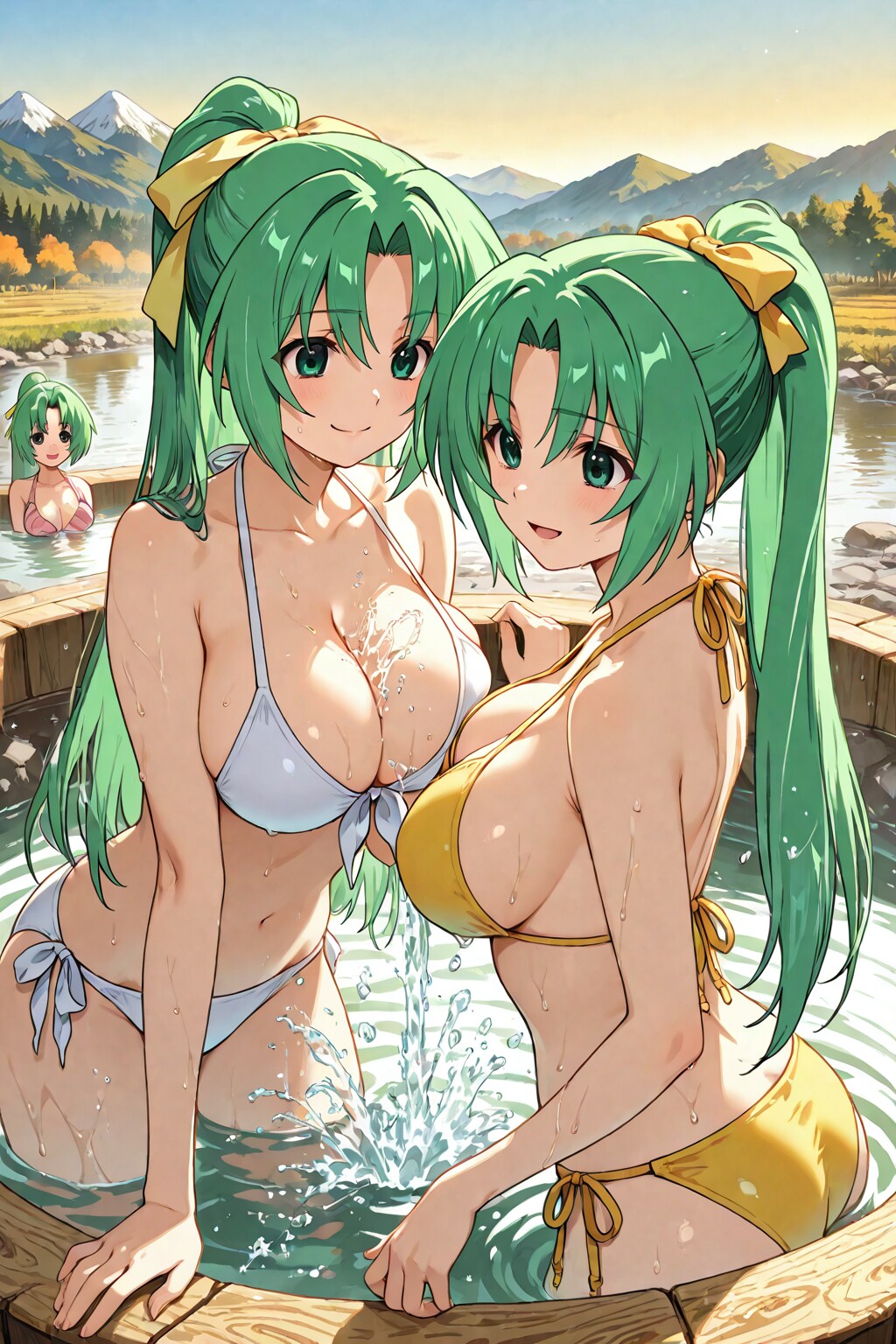 ポニーテール双子姉妹の田舎の景色で温泉👙⛰️♨️
