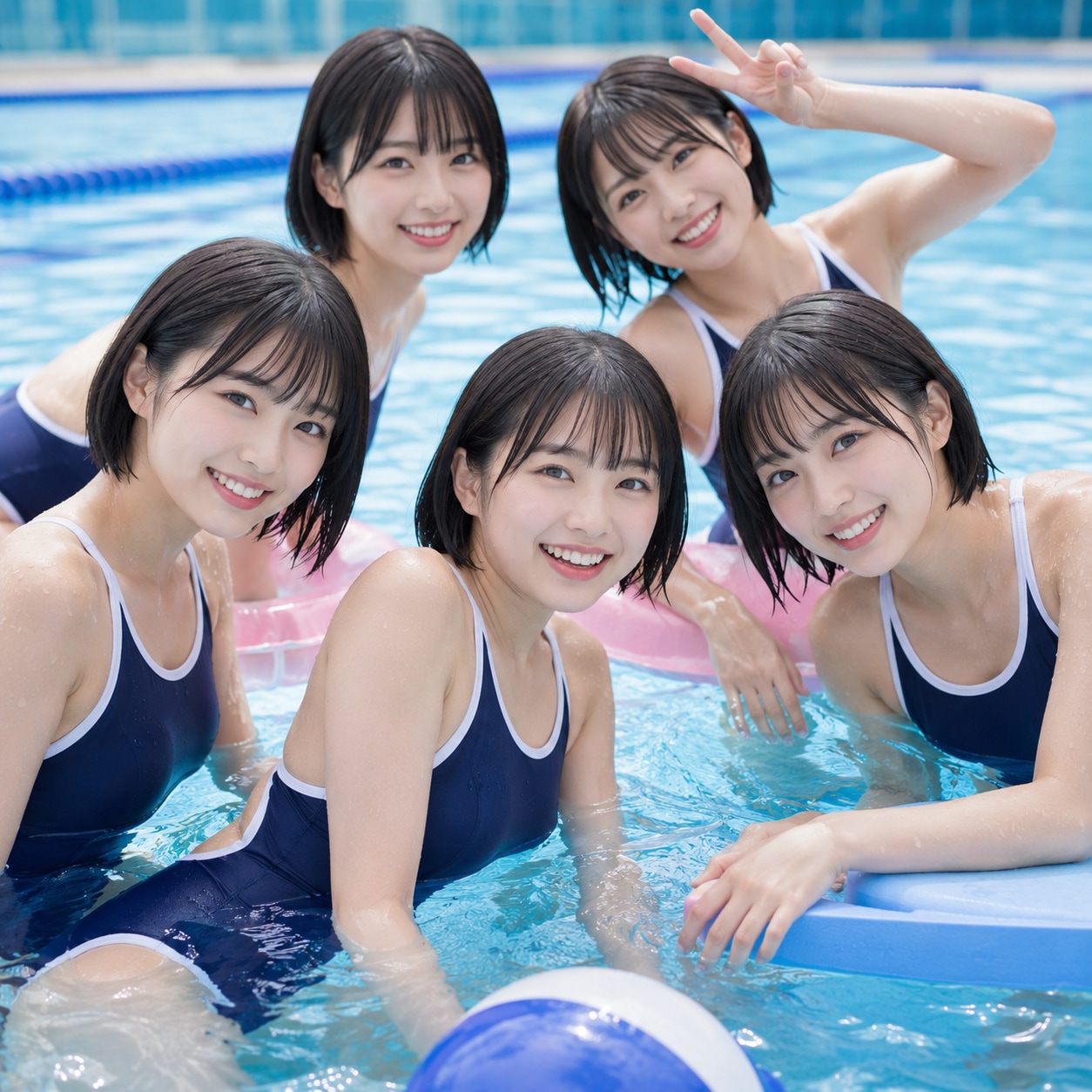 ボブカットの清楚系アイドルの美しい女性たちが、白いラインで縁取りされた紺色の競泳水着を着用して、プールで戯れている