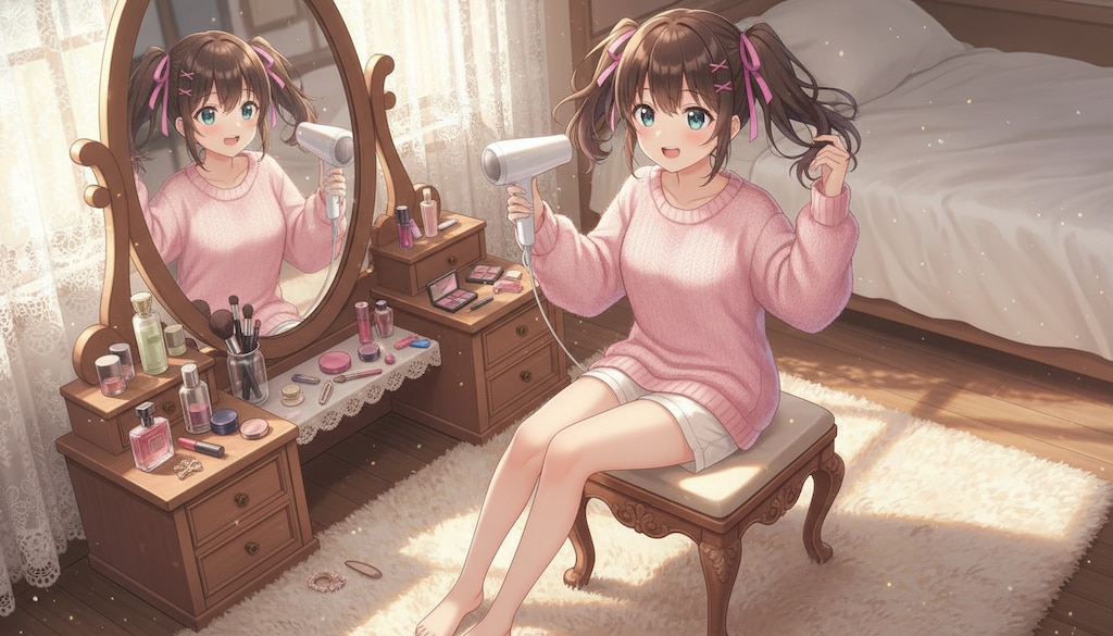 髪をヘアドライヤーで乾かす