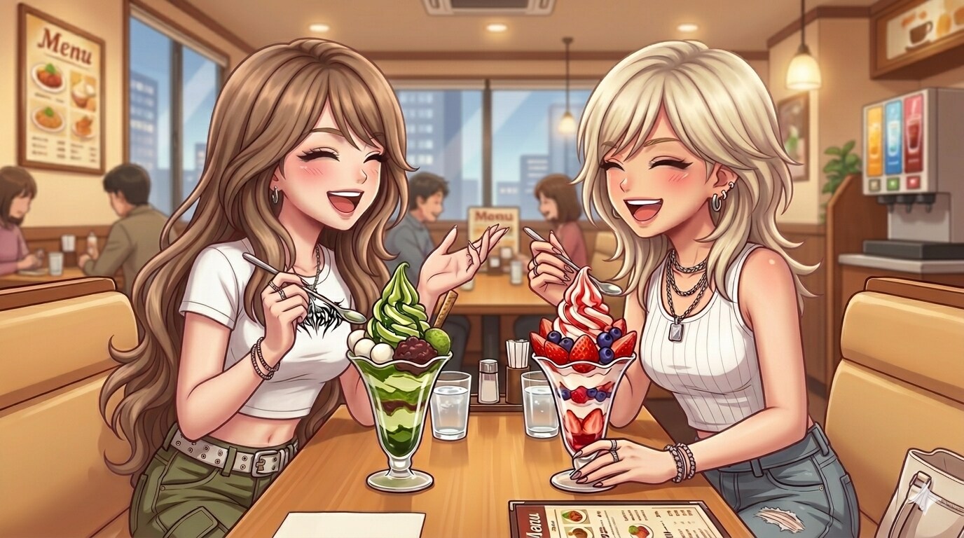 ファミレスでパフェ（ゆな、茶髪ちゃん）