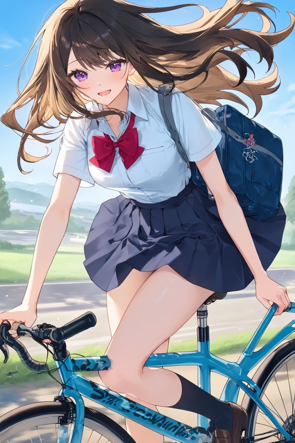 「青い空、自転車に乗り通り過ぎる女子高生、風に靡く濃紺のプリーツスカートチラリと見える太腿、恥ずかしそうに微笑む女子高生」