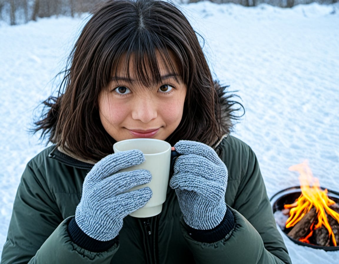 雪山でコーヒーを飲む少女_3