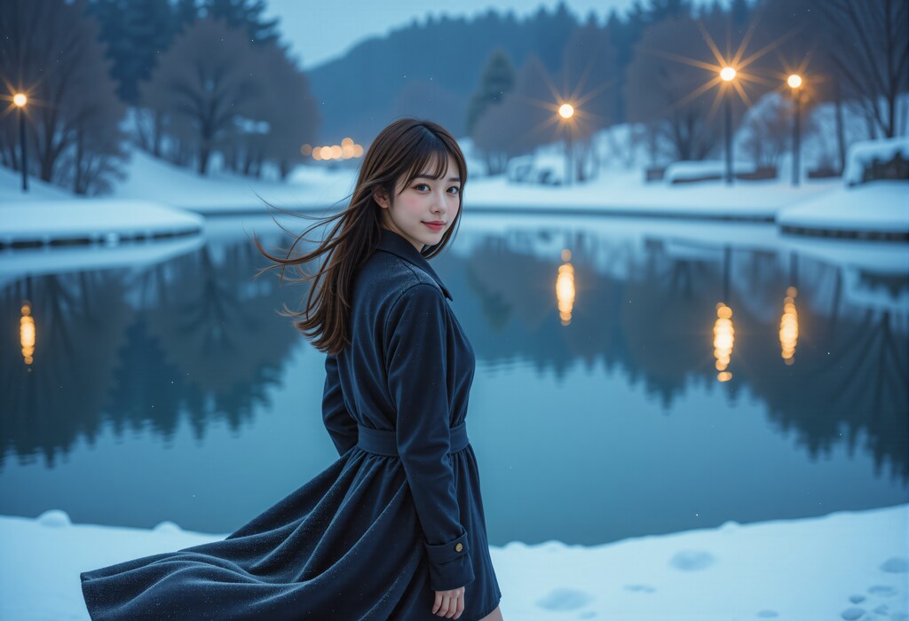 冬の湖畔の女性 2