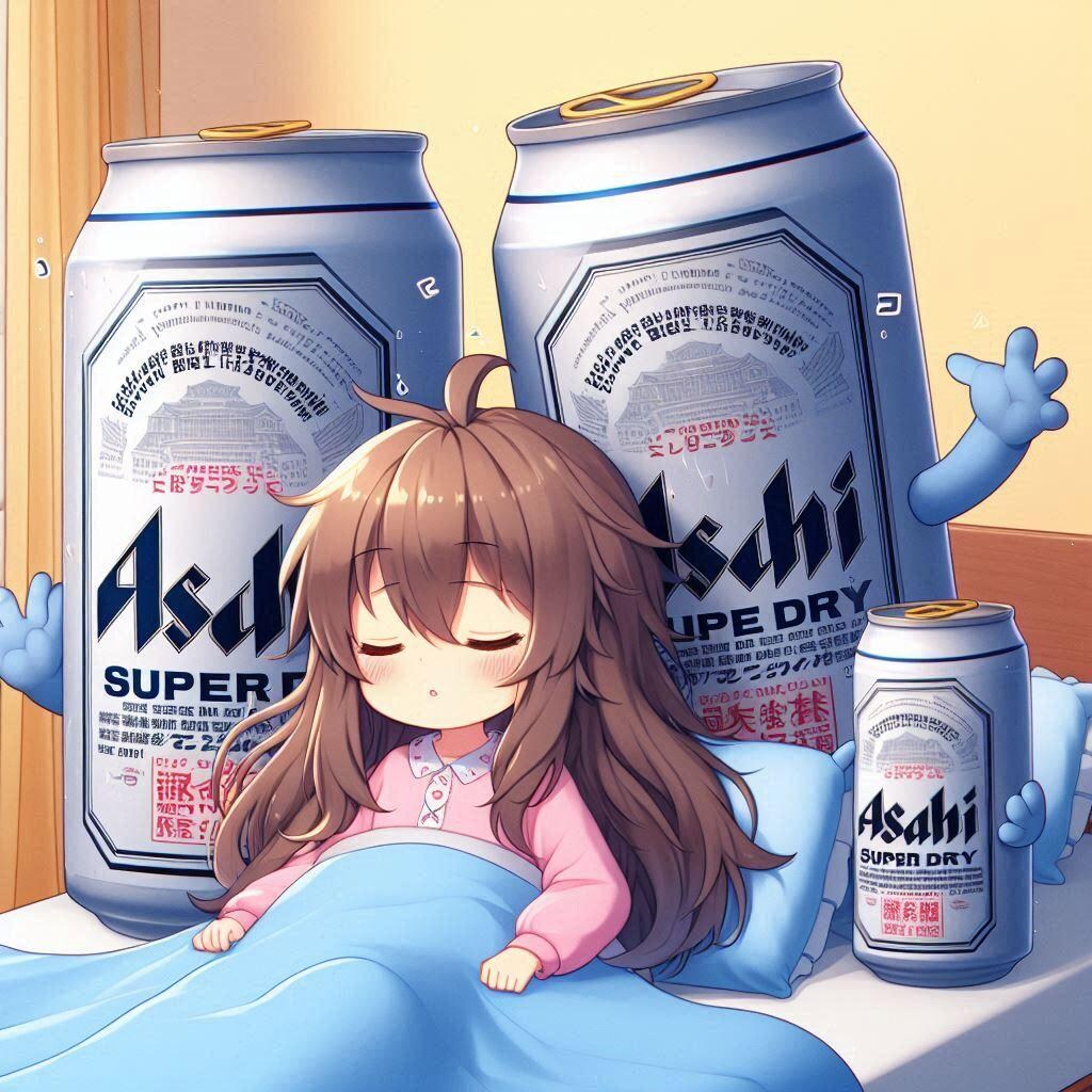 寝坊した女の子を起こそうとしているビール缶