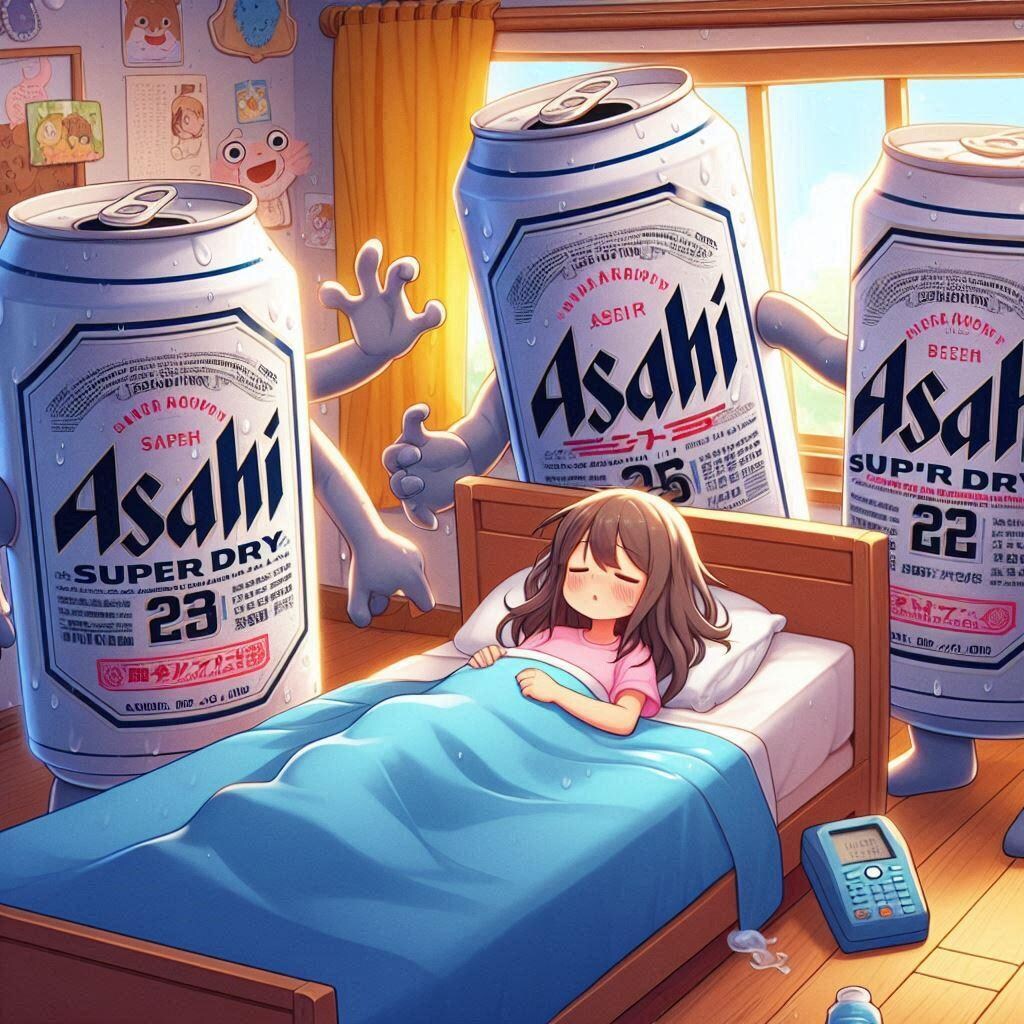 寝坊した女の子を起こそうとしているビール缶