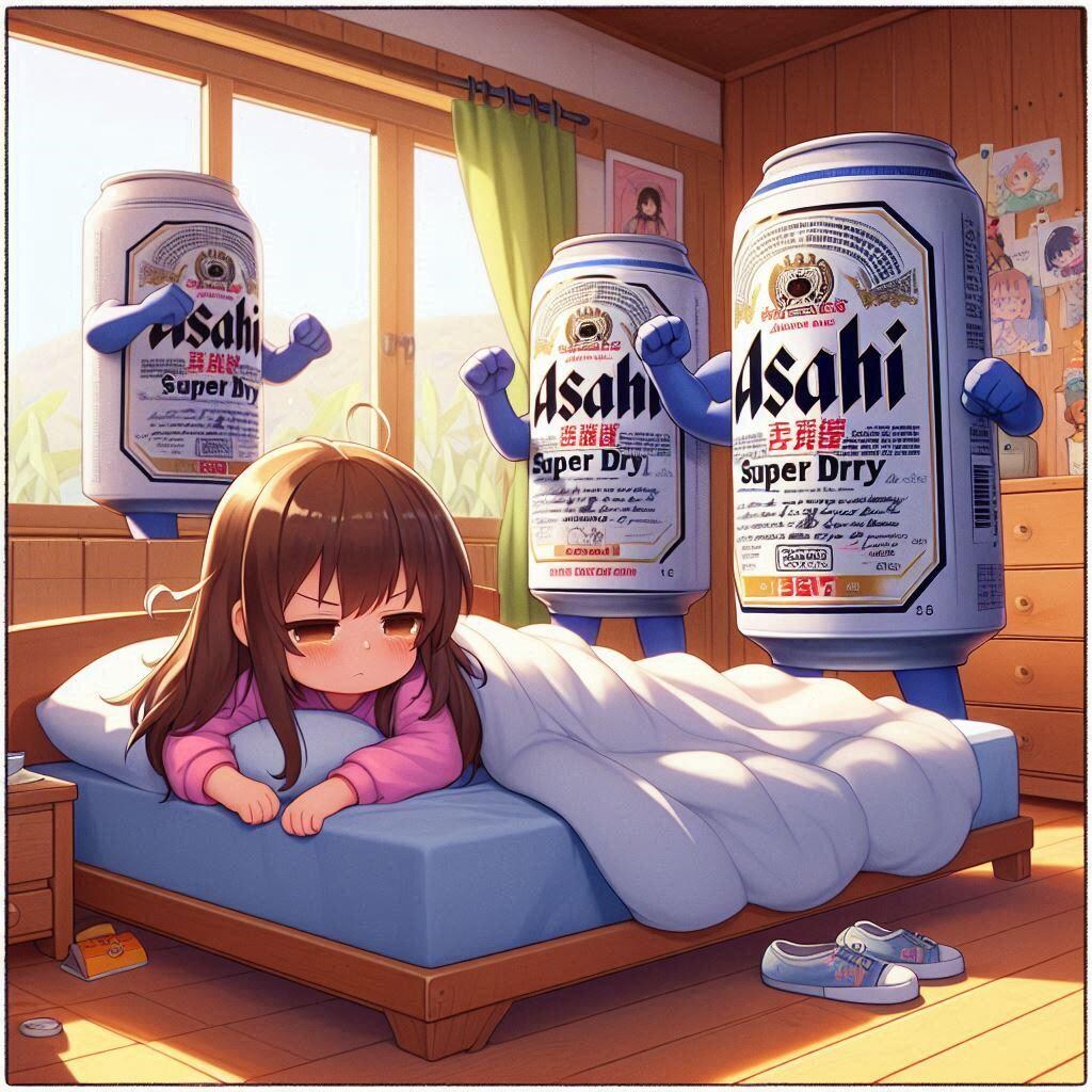 寝坊した女の子を起こそうとしているビール缶