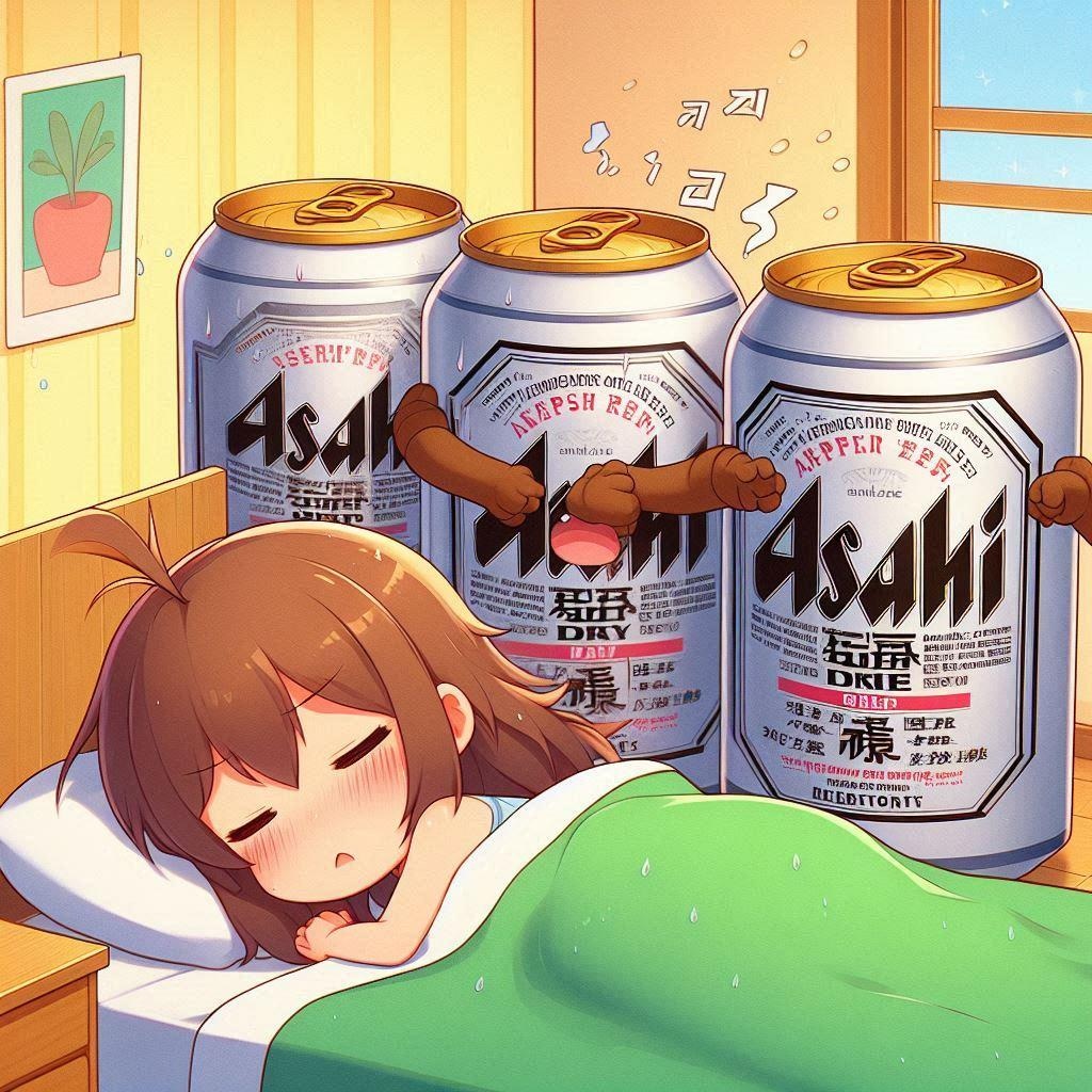 寝坊した女の子を起こそうとしているビール缶