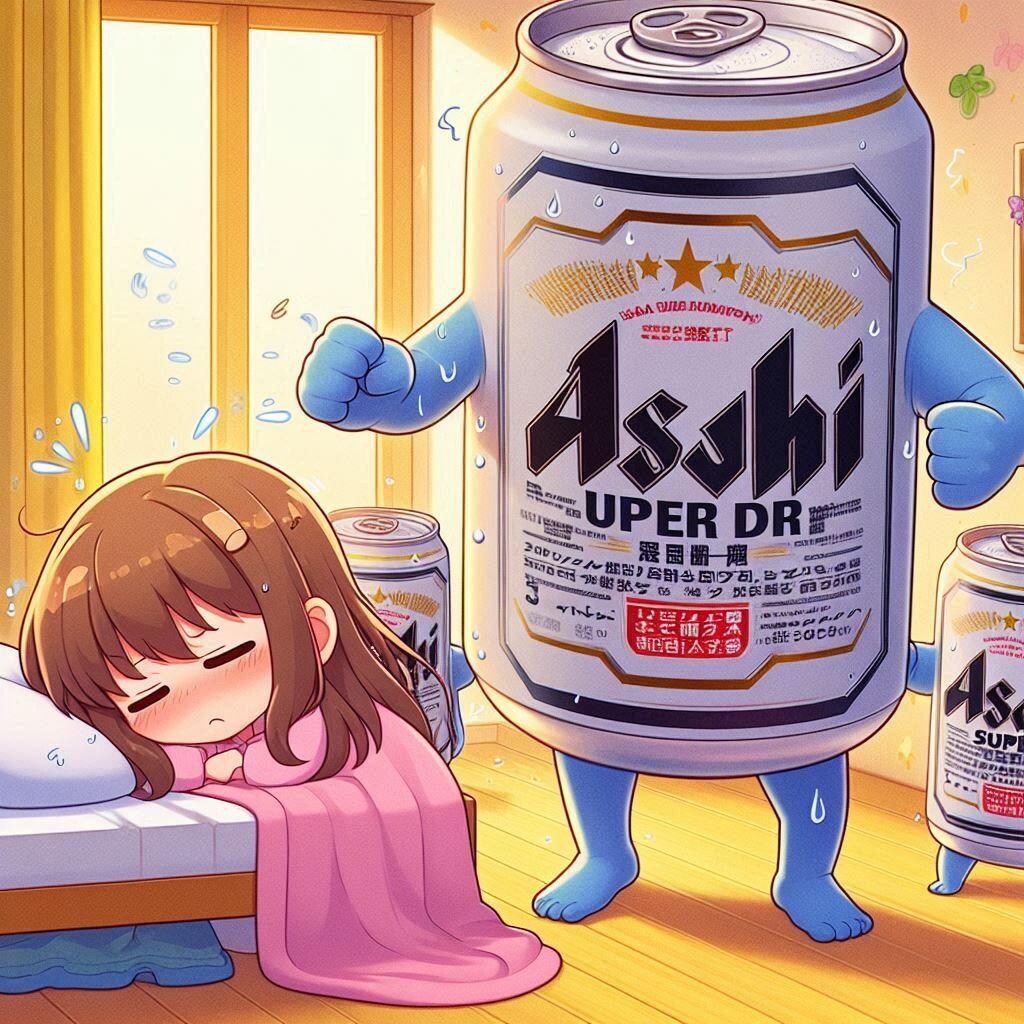 寝坊した女の子を起こそうとしているビール缶