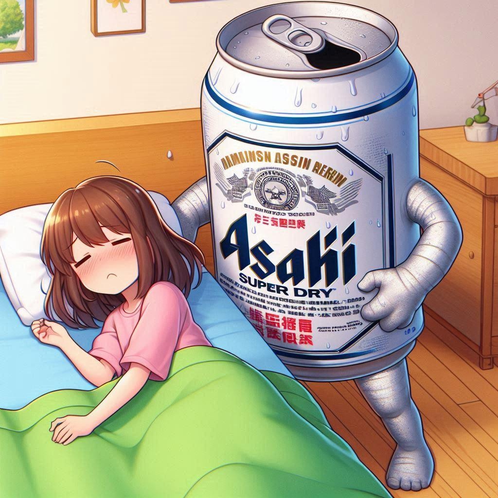 寝坊した女の子を起こそうとしているビール缶