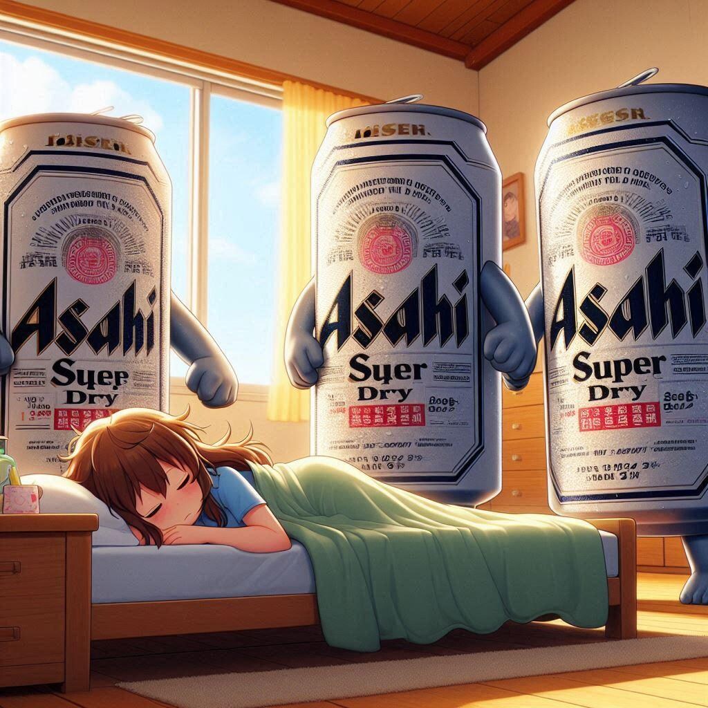 寝坊した女の子を起こそうとしているビール缶