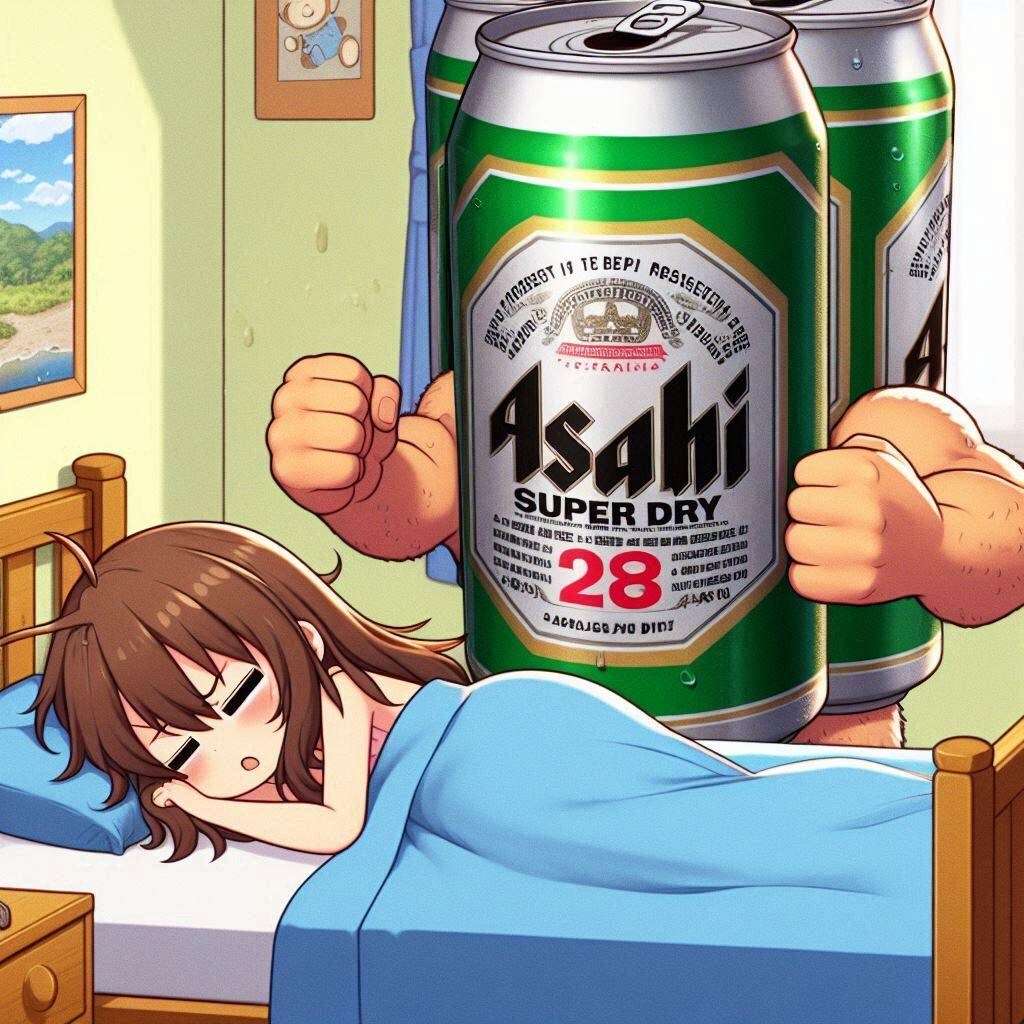 寝坊した女の子を起こそうとしているビール缶