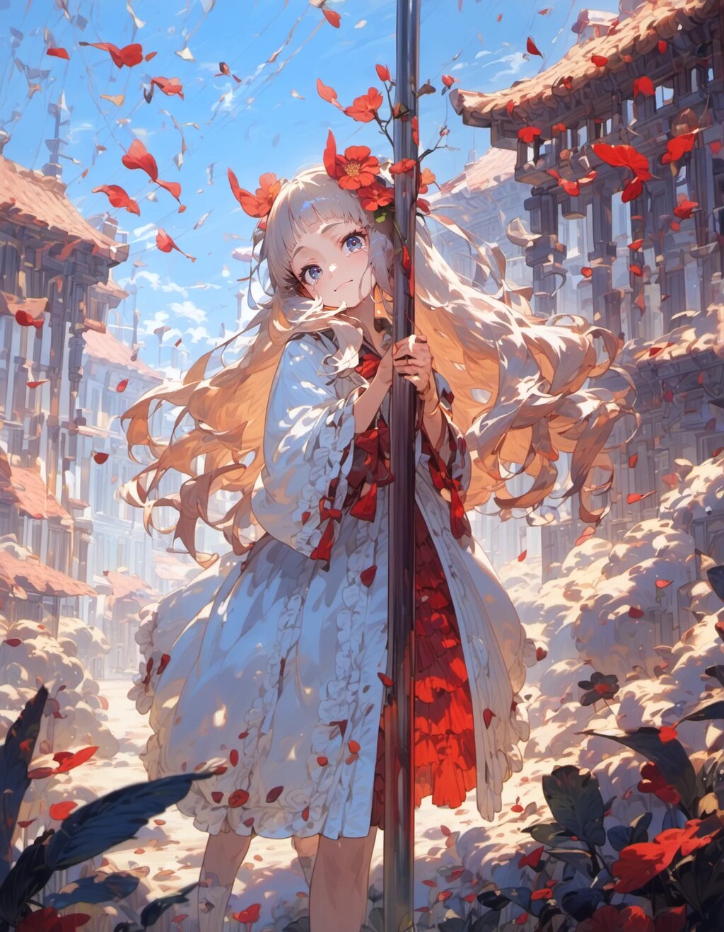 Red Petals and White Kimono