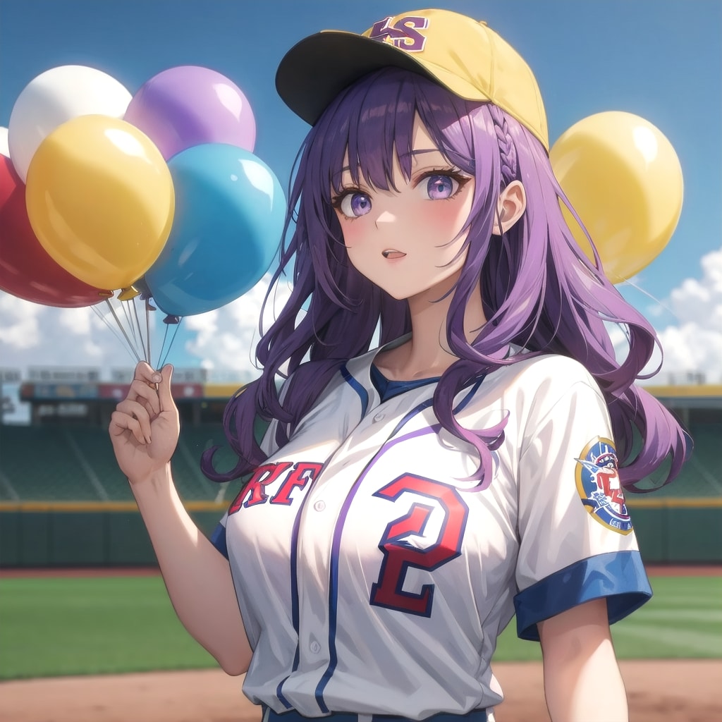 いっぱい色とりどりの風船を持つ紫髪ロングウェーブヘアの野球ユニフォーム着た美女 | の人気AIイラスト・グラビア