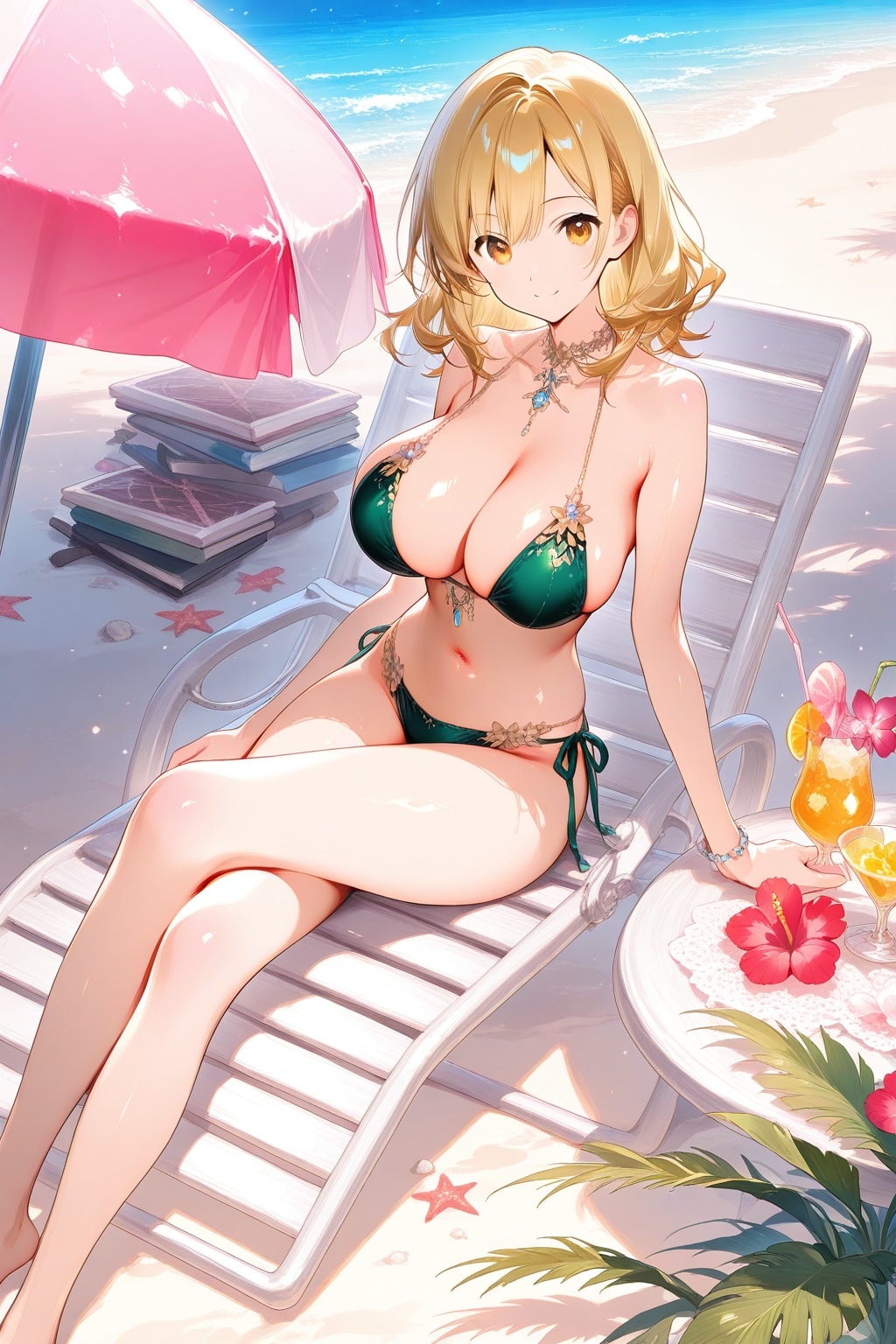 ビーチでくつろぐビキニ美女