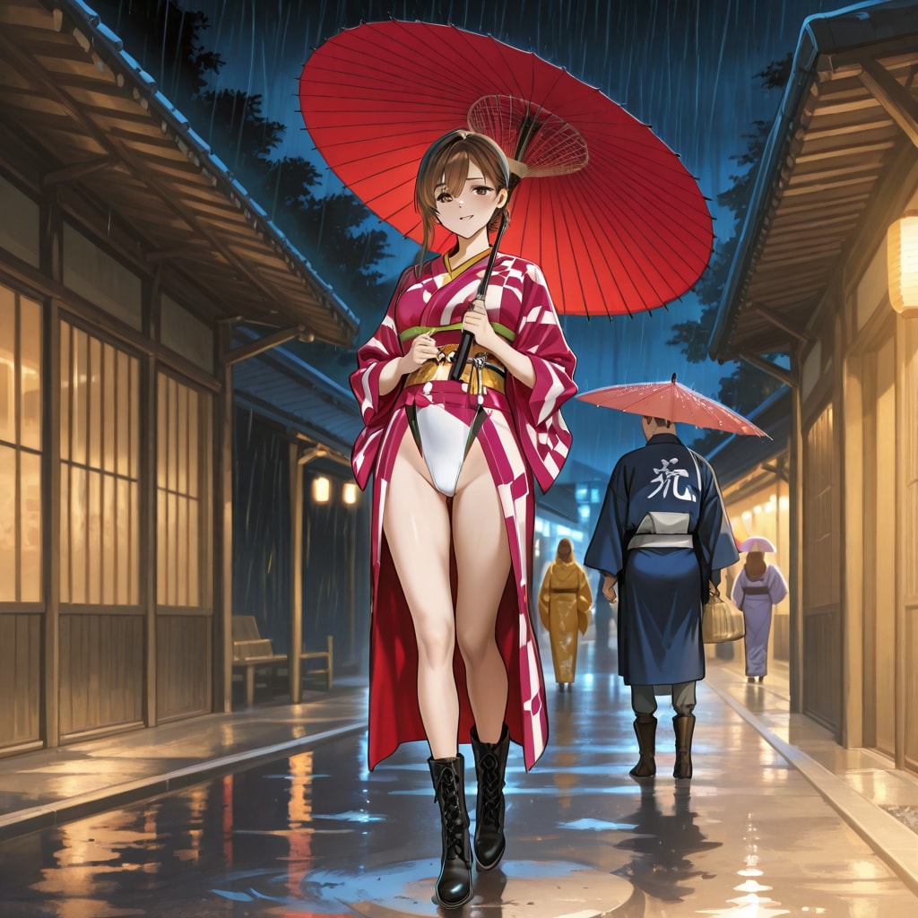 着物から競泳水着を見せる少女