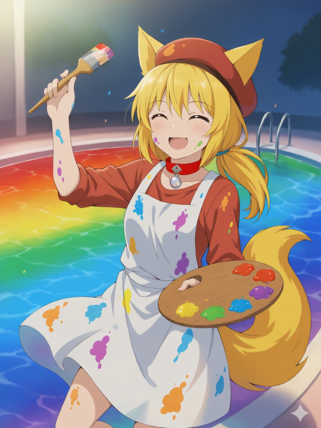 夜になり誰もいなくなったプールにどこからともなく現れて持ってきたお絵描きセットを取り出しエプロンも顔も手も足も絵の具まみれになりながら筆を大きく振り回しプール全体をキャンバス代わりにして水面…