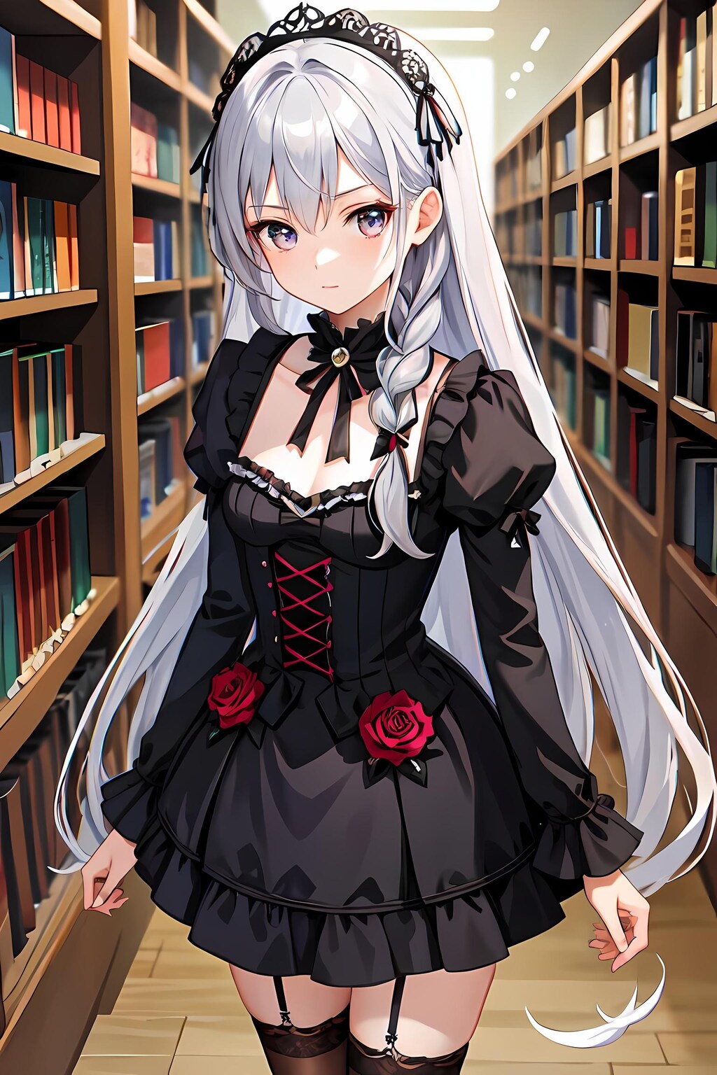 図書館のゴシックドレスの少女